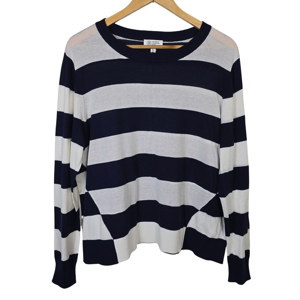 Candace Cameron Bure Navy Blue White Striped Cotton Blend Sweater XL